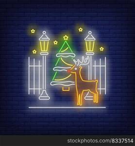 Christmas street neon sign. Glowing neon fir tree, garlands, reindeer. New year, Christmas, winter. Vector illustration in neon style for greeting card, invitation, announcement