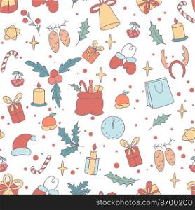 Christmas styled seamless pattern. Holiday colorful retro background for wrapping, paper, textile and trendy design. Hand drawn christmas and new year elements backdrop vector illustration. Christmas styled seamless pattern
