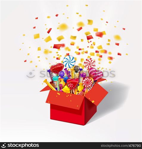 Christmas sweet gift box. Open 3d-red box with yum, candy, jelly, sweets. Blast of paper confetti. Christmas sweet gift box. Open 3d-red box with yum, candy, jelly, sweets. Blast of paper confetti. Festive surprise with candy. Sweet party icon with lighting effects and particles. Template, greeting card, illustration, vector, banner, isolated