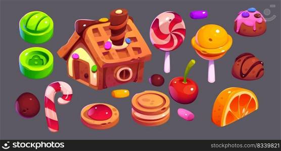 christmas sweets, desserts and bakery set. Gingerbread house, cookies, candy canes, lollipop, cherry, orange slice, Decorated sweet pastry isolated game ui elements, Cartoon Vector illustration,. christmas sweets, desserts, bakery and pastry set