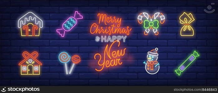 Christmas sweets neon sign set. House shaped candy, lollypop, popsicle. Vector illustration in neon style, bright banner for topics like Xmas, New Year, holiday