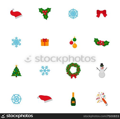 Christmas symbol and icons, traditional items isolated set vector. Bow made of ribbon, Santa Claus hat and mistletoe with berry and leaves, wreath. Christmas Symbol and Icons, Traditional Items