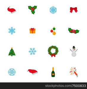 Christmas symbol and icons, traditional items isolated set vector. Bow made of ribbon, Santa Claus hat and mistletoe with berry and leaves, wreath. Christmas Symbol and Icons, Traditional Items