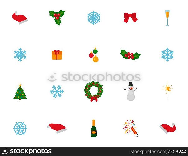 Christmas symbol and icons, traditional items isolated set vector on white background. Bow made of ribbon, Santa Claus hat and mistletoe with berry and leaves, wreath. Christmas Symbol and Icons, Traditional Items