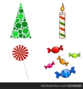 Christmas symbols collection. Big set of xmas icons. Seasonal cartoon illustrations isolated on white. Holiday ornament and decorations. christmas tree, candle,candy,