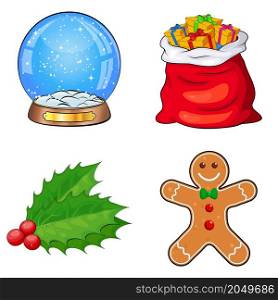 Christmas symbols collection. Big set of xmas icons. Seasonal cartoon illustrations isolated on white. Holiday ornament and decorations. snow ball, santa gift bag, holly berry, gingerbread man,