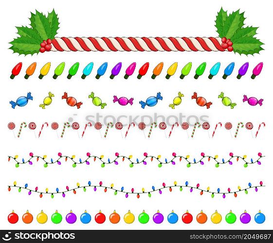 Christmas symbols collection. Big set of xmas icons. Seasonal cartoon illustrations isolated on white. Holiday ornament and decorations. christmas divider,border set, bauble, lights, candy