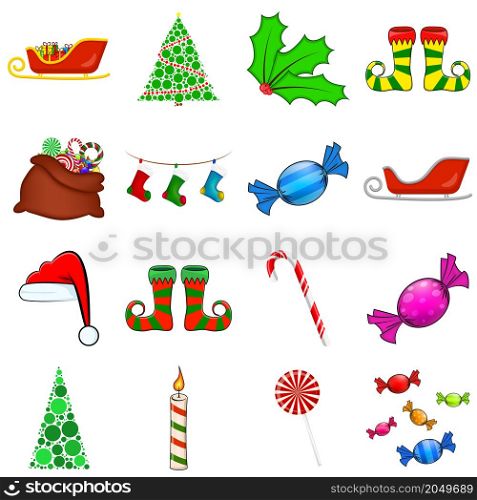 Christmas symbols collection. Big set of xmas icons. Seasonal cartoon illustrations isolated on white. Holiday ornament and decorations. santa gift bag, holly berry,
