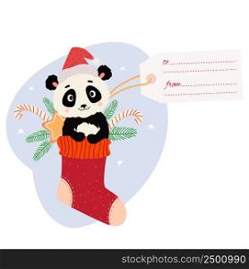 Christmas tag. Christmas sock with cute panda in Santa hat with gingerbread, striped caramel and greeting card. Vector illustration. For New Years cards, printing, decor and kids collection