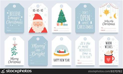 Christmas tag. Merry winter holidays gift tags with greetings, santa, mistletoe and tree. Happy new year and xmas present labels vector set. Greeting tag decorative, tradition shopping label. Christmas tag. Merry winter holidays gift tags with greetings, santa, mistletoe and tree. Happy new year and xmas present labels vector set