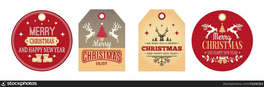 Christmas tags. Festive labels, holiday badges for clothes, gifts cards vector set. Tag label christmas holiday to celebration or gifts illustration. Christmas tags. Festive labels, holiday badges for clothes, gifts cards vector set