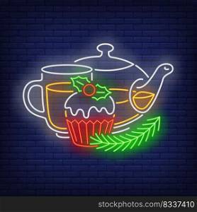 Christmas tea neon sign. Cupcake with mistletoe, muffin, pot, cup. Vector illustration in neon style for topics like Xmas, dessert, bakery