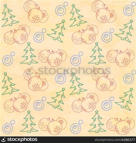 Christmas themed seamless pattern with baubles and firs