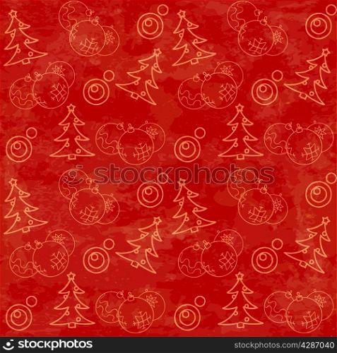 Christmas themed seamless pattern with baubles and firs