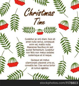 Christmas time banner template with red berries, vector illustration. Christmas time banner template with red berries