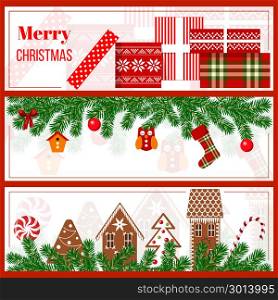 Christmas time set in stripes. Christmas time set in stripes. three horizontal stripes with garland , Gingerbread, gift boxes. candy cane. Christmas greetings postcard, banners, design elements for textile, prints, decoration