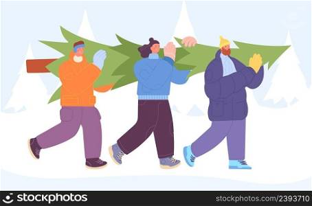 Christmas time shopping. Friends carry new year tree, happy winter holiday time. Prepare xmas party, people walking on snowy forest utter vector concept. Illustration of holiday christmas celebration. Christmas time shopping. Friends carry new year tree, happy winter holiday time. Prepare xmas party, people walking on snowy forest utter vector concept