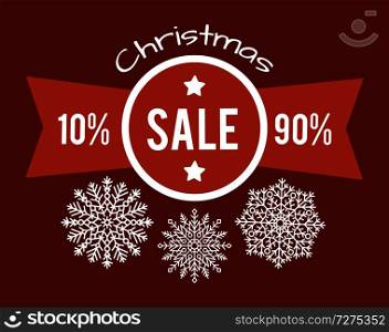 Christmas total sale from 10  to 90  promo poster with white snowflakes vector illustration advertising promotional banner info discounts in red colors. Christmas Total Sale From 10  to 90  Promo Poster