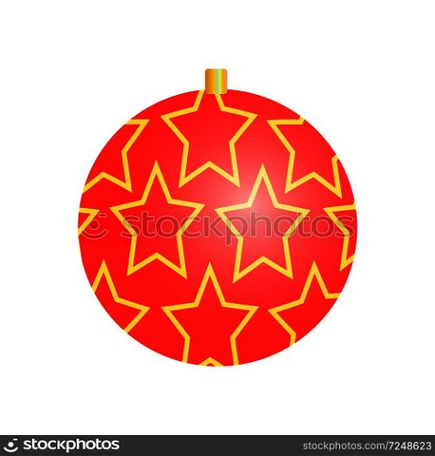 Christmas toy of round shape with pattern of golden stars, decorational element put on evergreen pine tree, vector illustration isolated on white. Christmas Toy with Pattern Vector Illustration