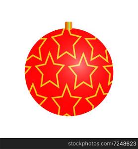 Christmas toy of round shape with pattern of golden stars, decorational element put on evergreen pine tree, vector illustration isolated on white. Christmas Toy with Pattern Vector Illustration