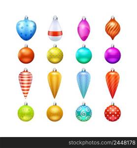 Christmas toys and decorations in different shapes and colors realistic icons set isolated vector illustration . Christmas Toys Icons Set