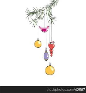Christmas toys hanging on a branch, color vector illustration
