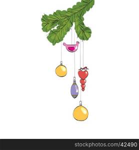 Christmas toys hanging on a furry branch, color vector illustration