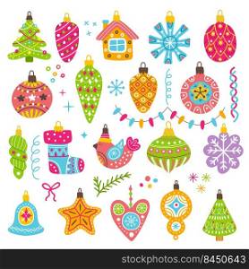 Christmas toys. Ornamental decorative cute toys with ice snowflakes transparent baubles and bells holidays festive collection items recent vector doodle illustrations. Christmas festive tree toy. Christmas toys. Ornamental decorative cute toys with ice snowflakes transparent baubles and bells holidays festive collection items recent vector doodle illustrations
