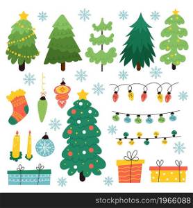 Christmas toys trees. Holiday new year tree with glass balls, gifts and light bulb garland, cartoon festive candles, green spruces and snowflakes, xmas celebration decor elements vector isolated set. Christmas toys trees. Holiday new year tree with glass balls, gifts and light bulb garland, cartoon festive candles, green spruces and snowflakes, xmas celebration decor elements vector set