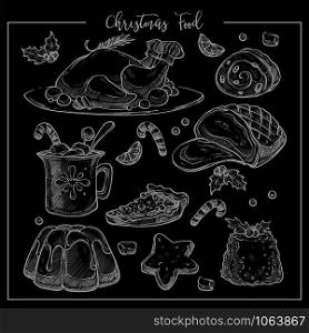 Christmas traditional dinner menu vector sketch illustration set of dishes. Winter restaurant and cafe design elements template. Xmas desserts and drinks, cookies jelly, gingerbread and fried turkey chiken.. Christmas traditional dinner menu vector sketch illustration set of dishes.