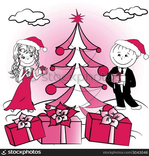 Christmas tree and Couple of lovers, vector illustration. Christmas tree and Couple of lovers