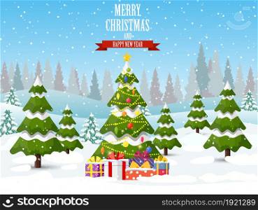 christmas tree and gift boxes. concept for greeting or postal card, Merry christmas holiday. New year and xmas celebration Vector illustration in a flat style. christmas tree on the background