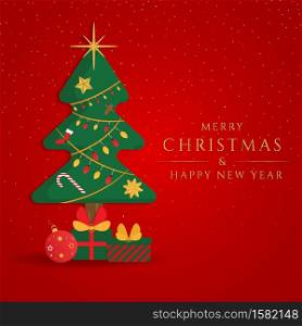 Christmas tree and gift elemant design red background. vector illustration.