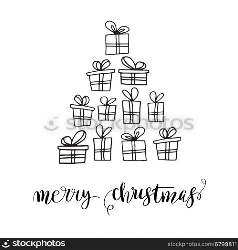 Christmas tree and gifts. Christmas tree made from gifts boxes with bows. Chistmas holiday greeting card design. Black boxes on white background