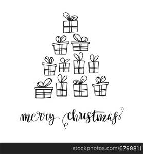 Christmas tree and gifts. Christmas tree made from gifts boxes with bows. Chistmas holiday greeting card design. Black boxes on white background