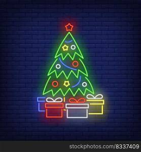 Christmas tree and gifts neon sign. Fir, tree, New Year. Night bright advertisement. Vector illustration in neon style for banner, billboard