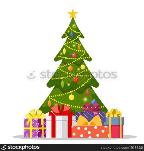 Christmas tree and holiday gifts. Fir-tree decorated with a star, balls and garlands. Vector illustration in a flat style. Christmas tree and holiday gifts.
