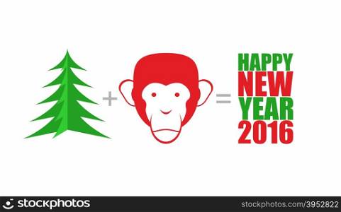 Christmas tree and monkey. Mathematical formula: tree Plus head monkey equals happy new year 2016. Symbols of new year. Year of fire monkey by East calendar