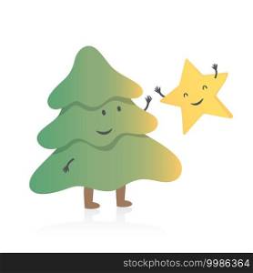 Christmas tree and new year golden star. Cartoon style vector illustration. 