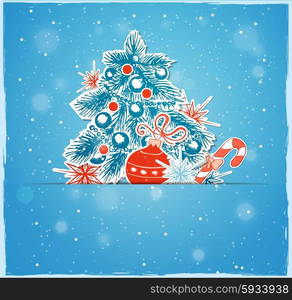 Christmas tree and red decorations on a blue background