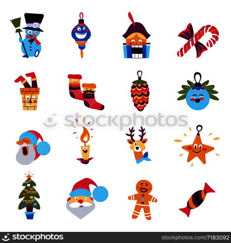 Christmas tree and Santa Claus winter holidays characters vector. Snowman and icicle toy, bauble with face, candy stick lollipop with bow. Start and candle, reindeer with socks and cone, gingerbread. Christmas tree and Santa Claus winter holidays characters