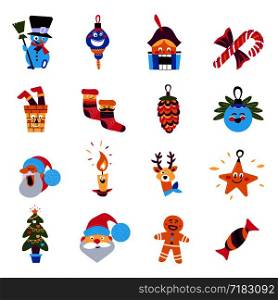 Christmas tree and Santa Claus winter holidays characters vector. Snowman and icicle toy, bauble with face, candy stick lollipop with bow. Start and candle, reindeer with socks and cone, gingerbread. Christmas tree and Santa Claus winter holidays characters