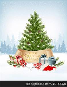 Christmas tree and Santa hat with presents background. Vector.