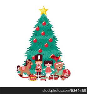 christmas tree and toys cartoons with dolls and musical instruments. vector illustration. christmas tree and toys cartoons