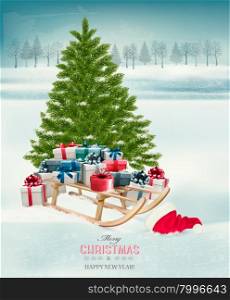 Christmas tree background with presents and a sleigh. Vector