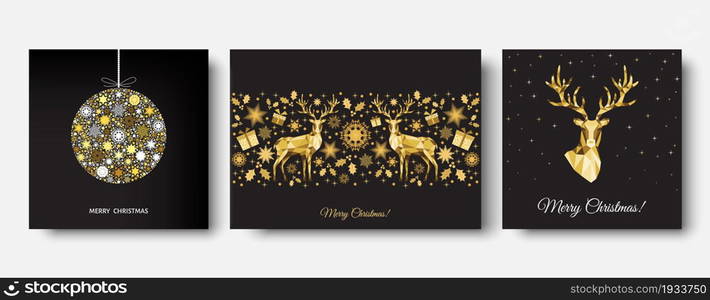 Christmas tree, ball. Gold pattern. Golden, white decoration. Happy New Year black background. Xmas reindeer, gifts, snowflakes. Vector template for greeting card.