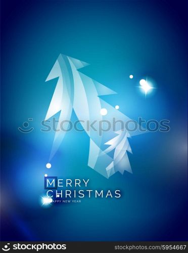 Christmas tree, blue shiny abstract background. Vector holiday illustration