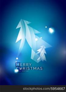 Christmas tree, blue shiny abstract background. Vector holiday illustration