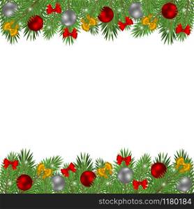Christmas tree branches decorated with balls and red bows isolated on a white background. Greeting card with ornaments and branches.. Christmas tree branches decorated with balls and red bows isolated on a white background.