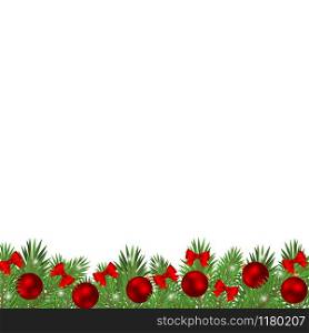 Christmas tree branches decorated with balls and red bows isolated on a white background. Greeting card with ornaments and branches.. Christmas tree branches decorated with balls and red bows isolated on a white background.